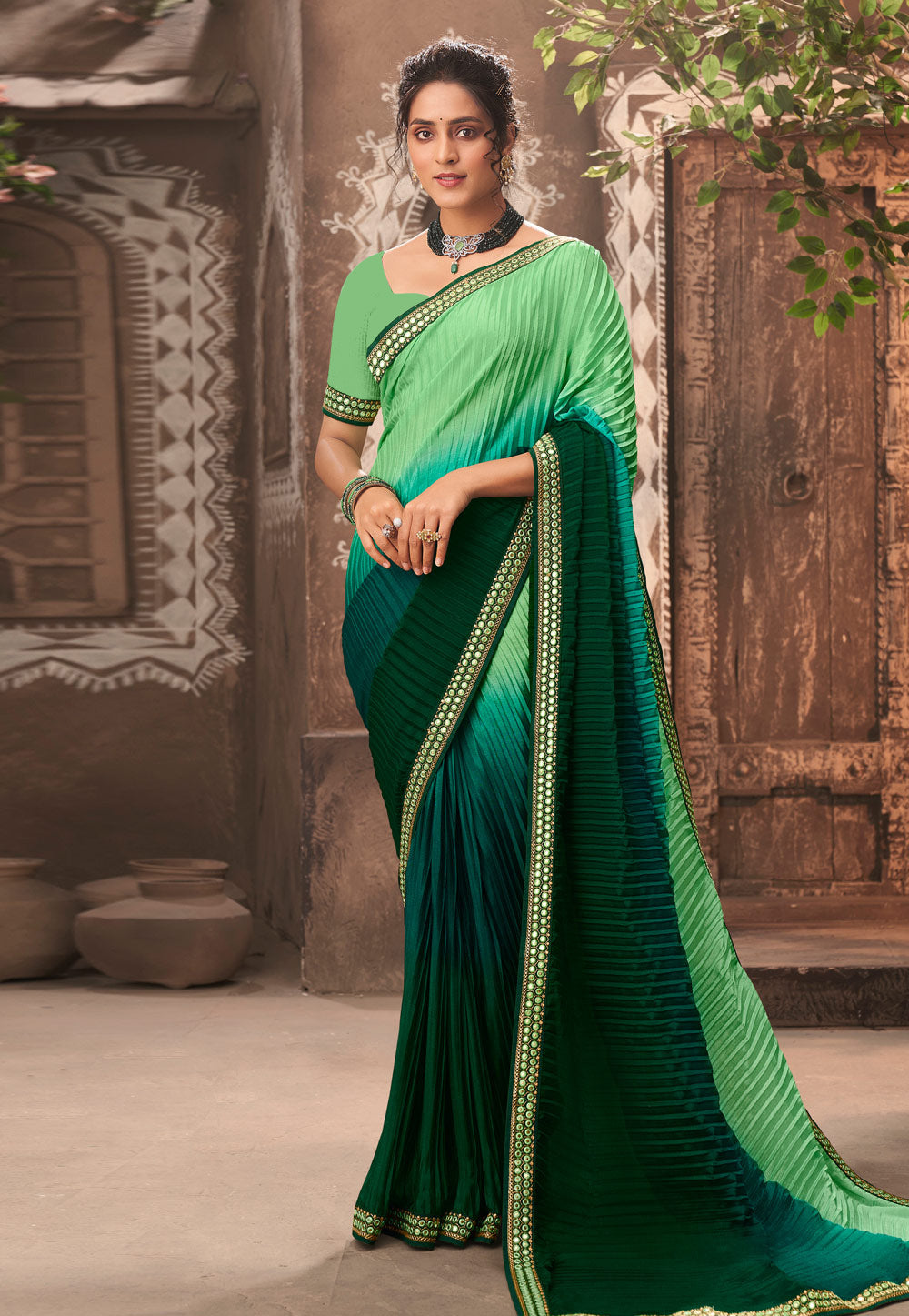 Vamika Light Green Chinon Heavy Embroidery Mirror Kari Lace Work & Crush Saree | Grocsy