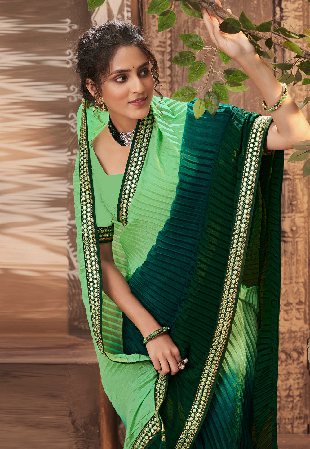 Vamika Light Green Chinon Heavy Embroidery Mirror Kari Lace Work & Crush Saree | Grocsy