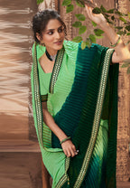 Vamika Light Green Chinon Heavy Embroidery Mirror Kari Lace Work & Crush Saree | Grocsy