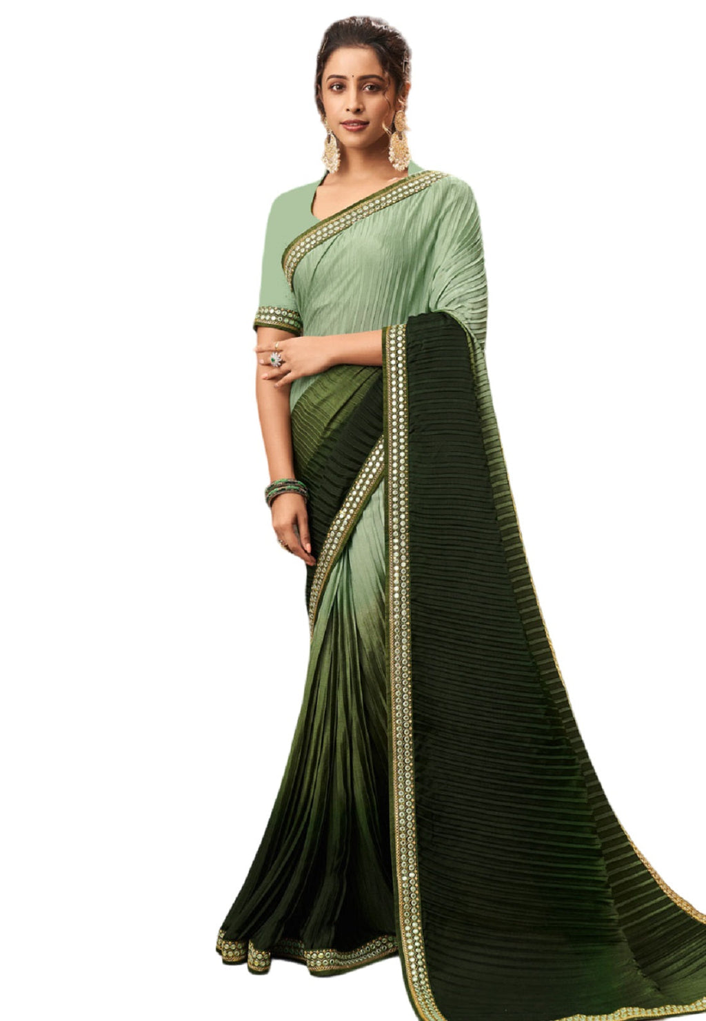 Vamika Olive Green Chinon Heavy Embroidery Mirror Kari Lace Work & Crush Saree | Grocsy