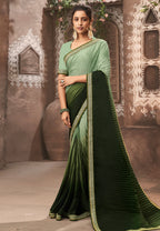 Vamika Olive Green Chinon Heavy Embroidery Mirror Kari Lace Work & Crush Saree | Grocsy