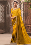 Vamika Yellow Chinon Heavy Embroidery Mirror Kari Lace Work & Crush Saree | Grocsy