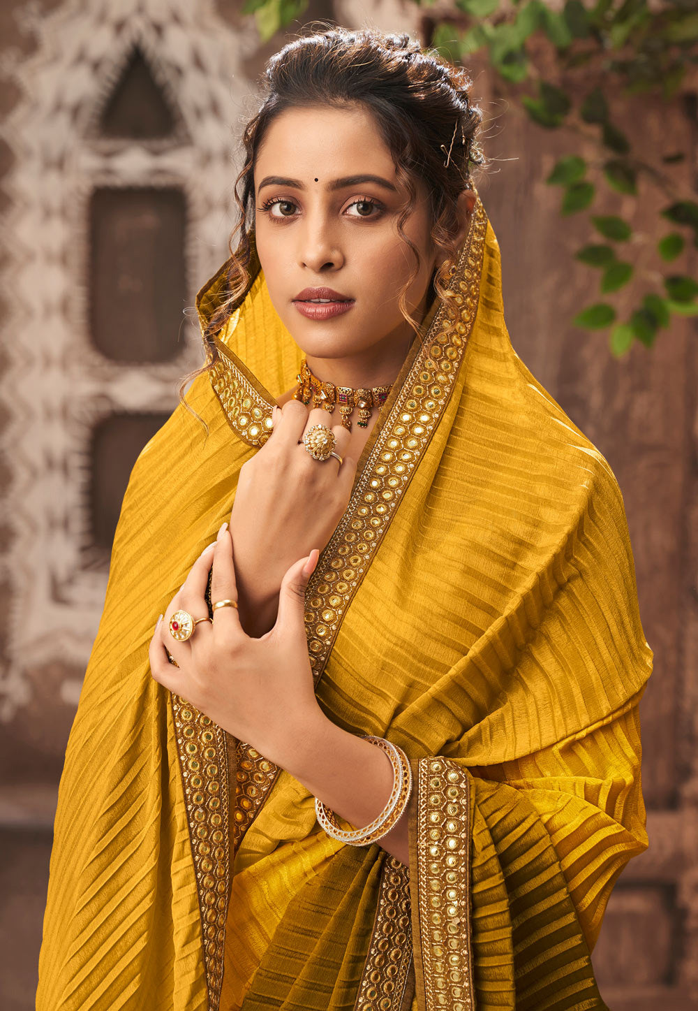 Vamika Yellow Chinon Heavy Embroidery Mirror Kari Lace Work & Crush Saree | Grocsy
