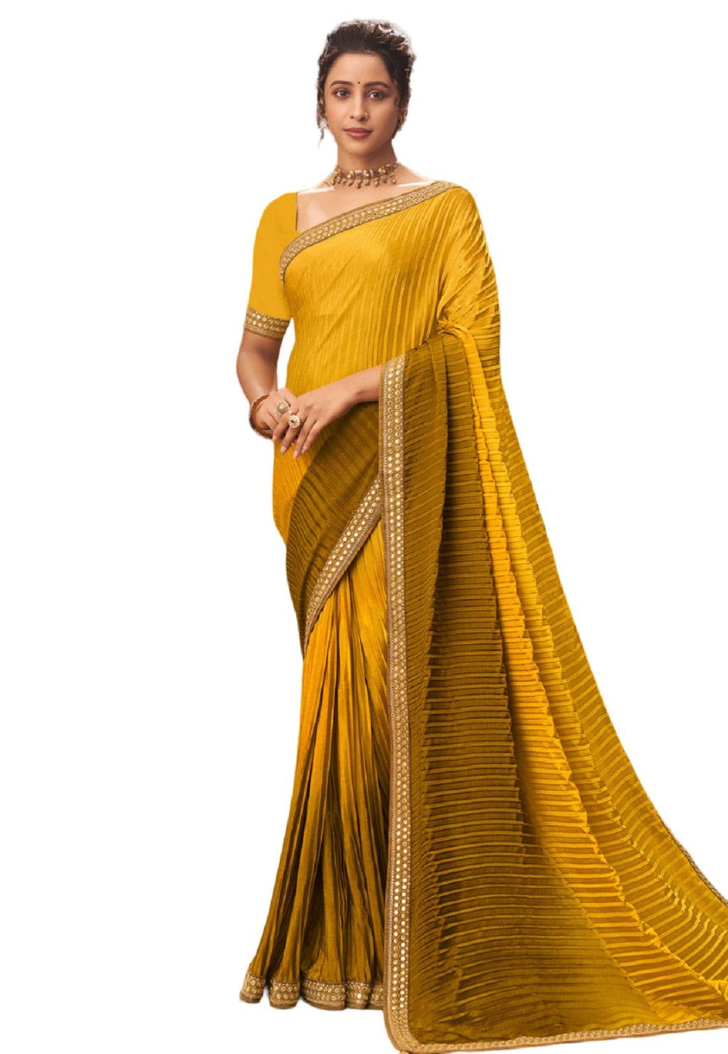 Vamika Yellow Chinon Heavy Embroidery Mirror Kari Lace Work & Crush Saree | Grocsy