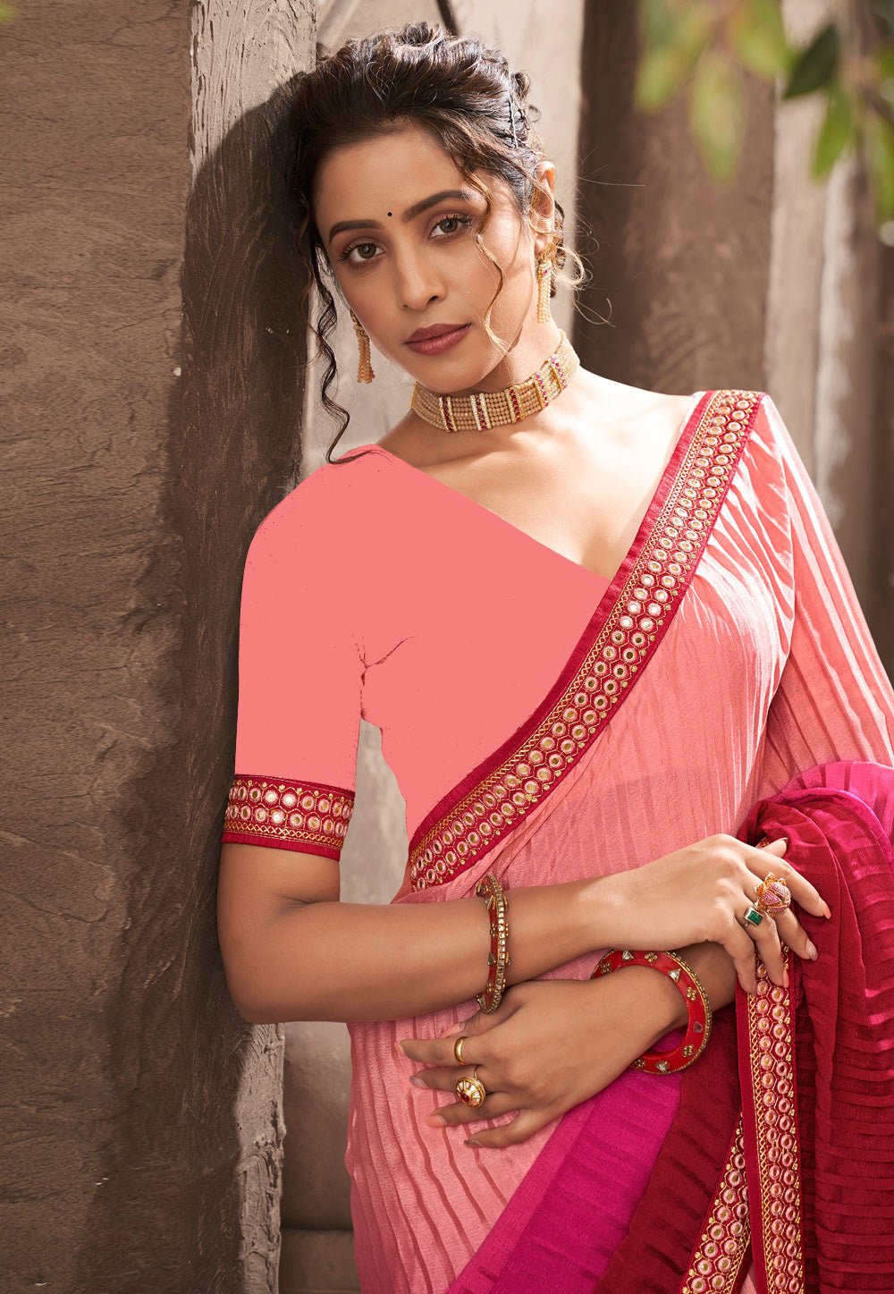Vamika Light Pink Chinon Heavy Embroidery Mirror Kari Lace Work & Crush Saree | Grocsy