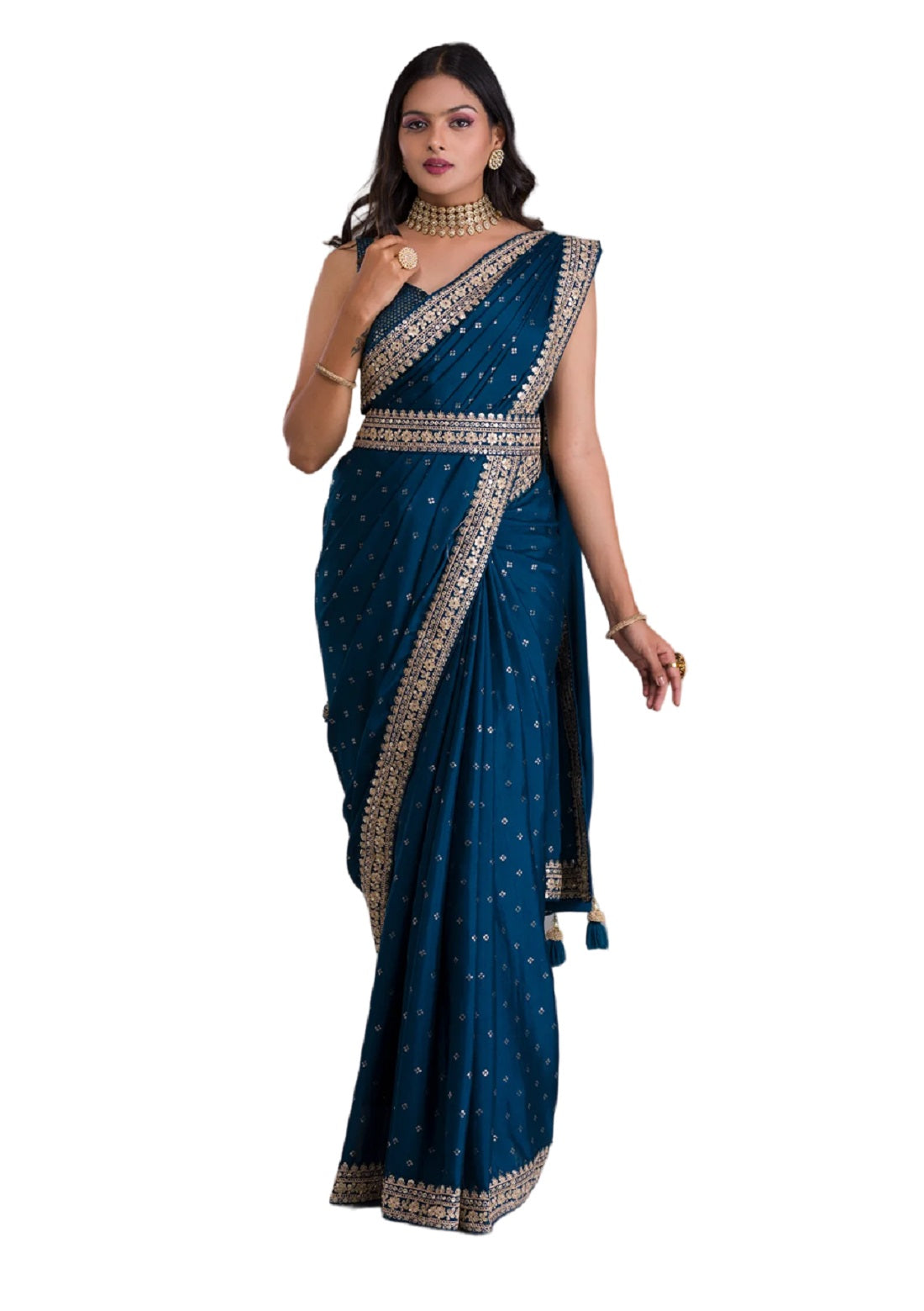 Vamika Blue Chinon Zari Embroidery With Sequins Saree | Grocsy