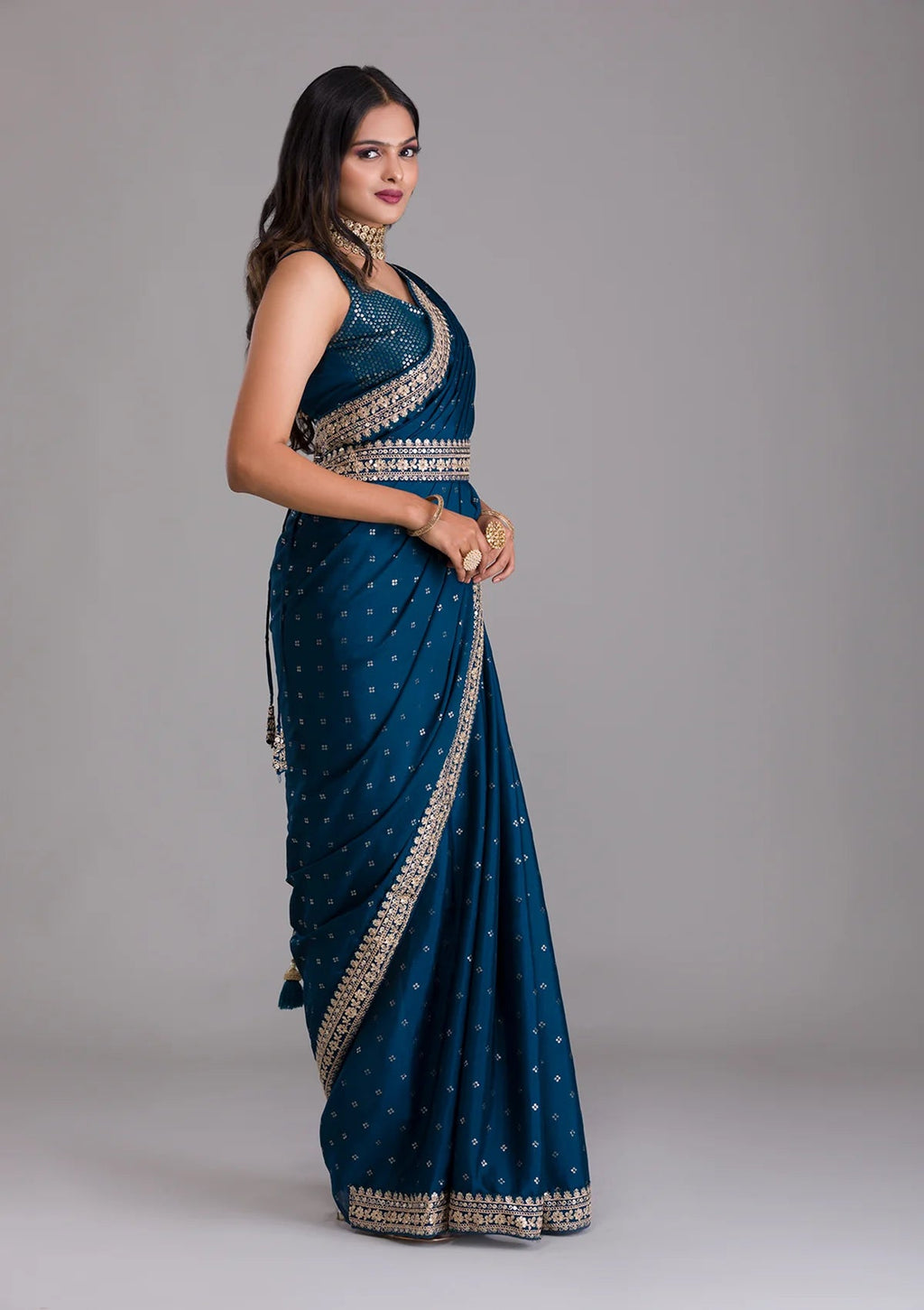 Vamika Blue Chinon Zari Embroidery With Sequins Saree | Grocsy
