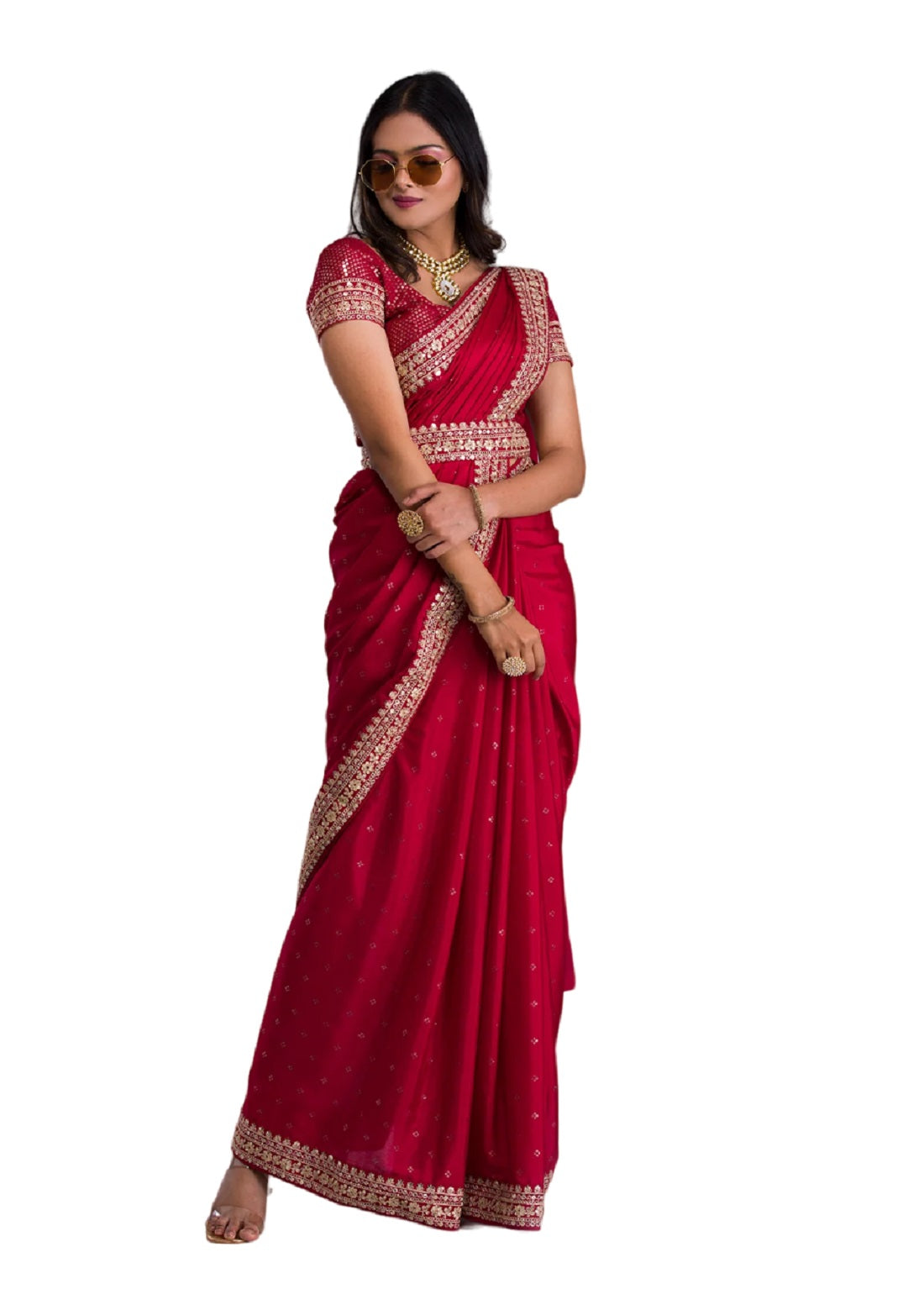 Vamika Pink Chinon Zari Embroidery With Sequins Saree | Grocsy