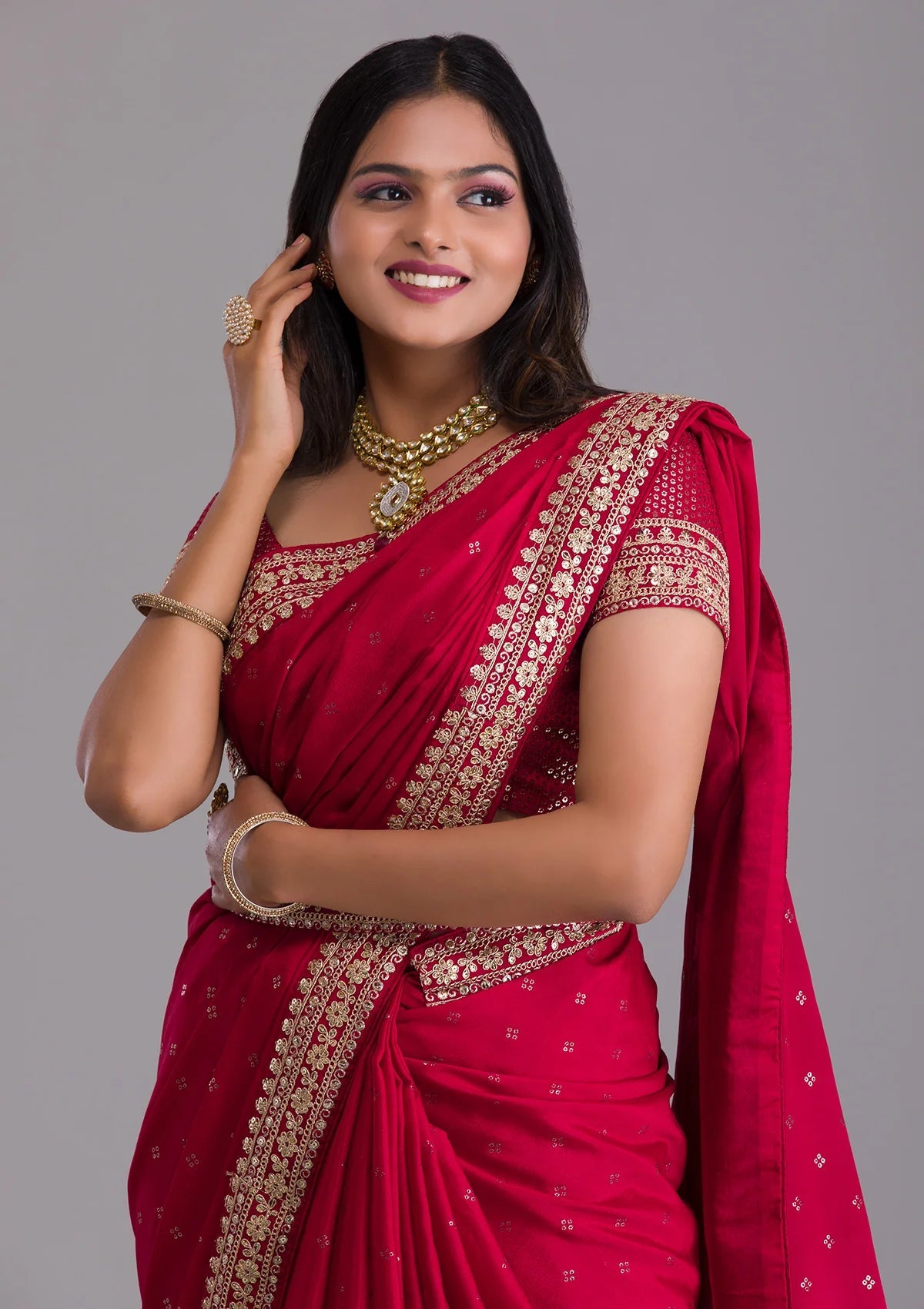 Vamika Pink Chinon Zari Embroidery With Sequins Saree | Grocsy