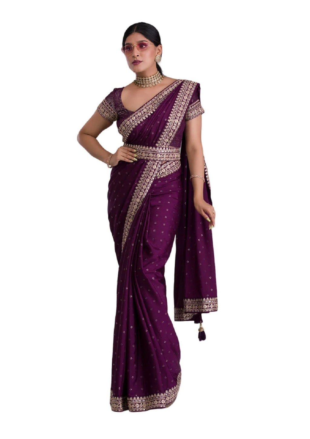 Vamika Purple Chinon Zari Embroidery With Sequins Saree | Grocsy