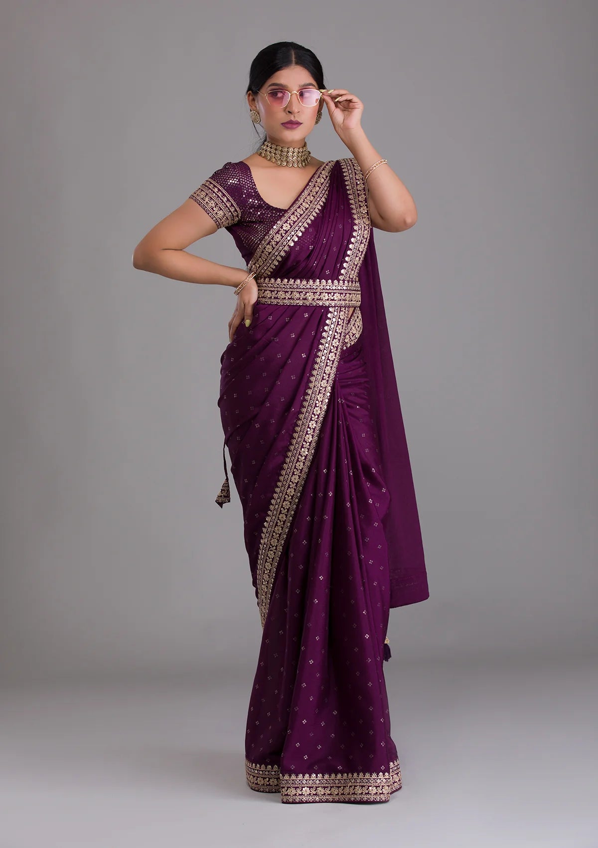 Vamika Purple Chinon Zari Embroidery With Sequins Saree | Grocsy