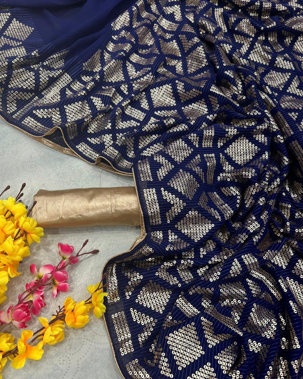 Vamika Blue Georgette Gota Work Saree | Grocsy