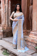 Joban Fashion Light Blue Crepe Chiffon Pure Handloom Banarasi Silk Saree | Grocsy