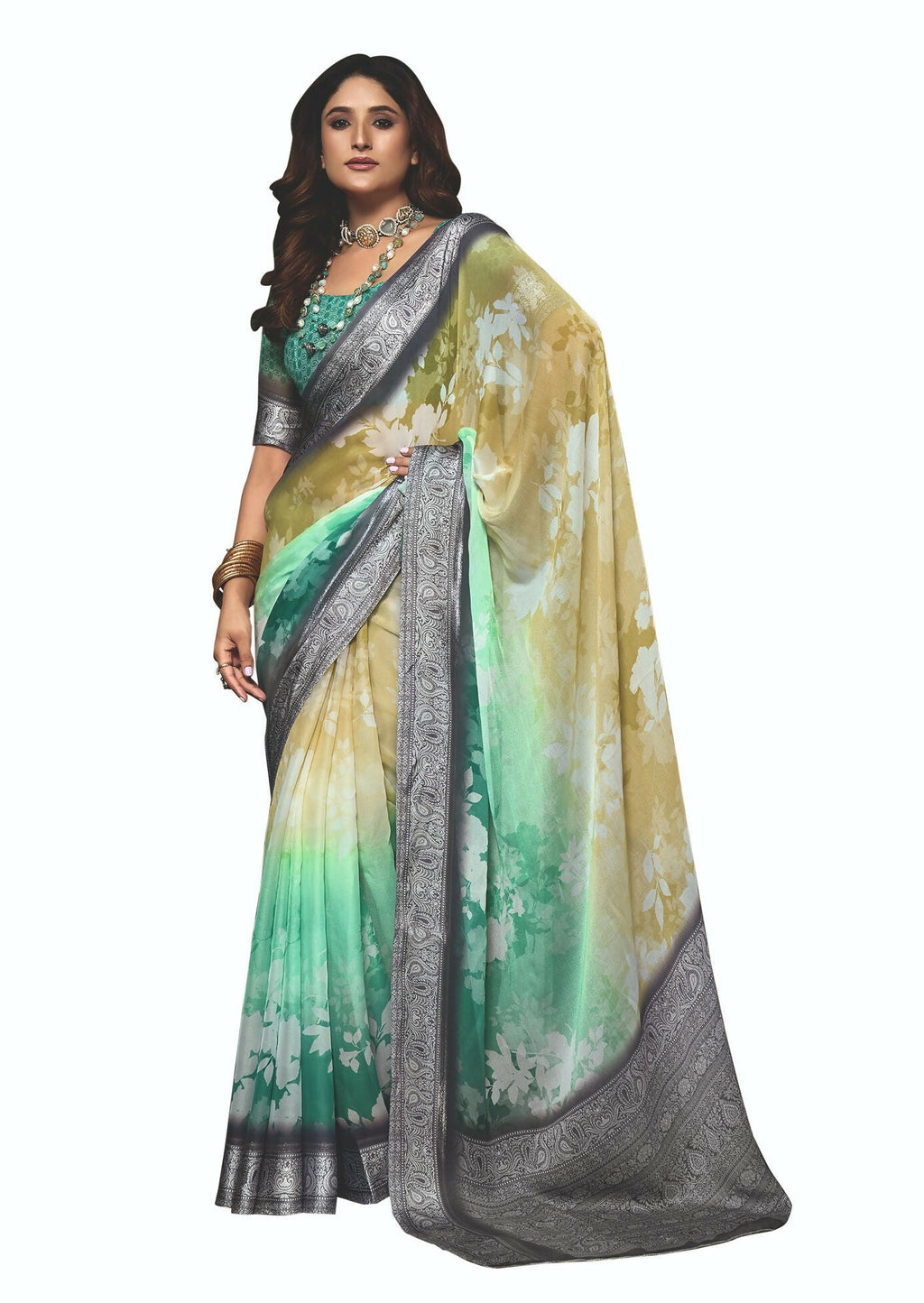 Joban Fashion Dola Silk With Zari Border Shaded Multi Color Work Saree | Grocsy