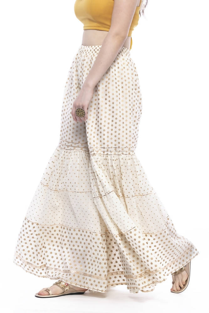 Mominos Fashion Trendy Cotton Off White Gold Print With Gota Sharara | Grocsy