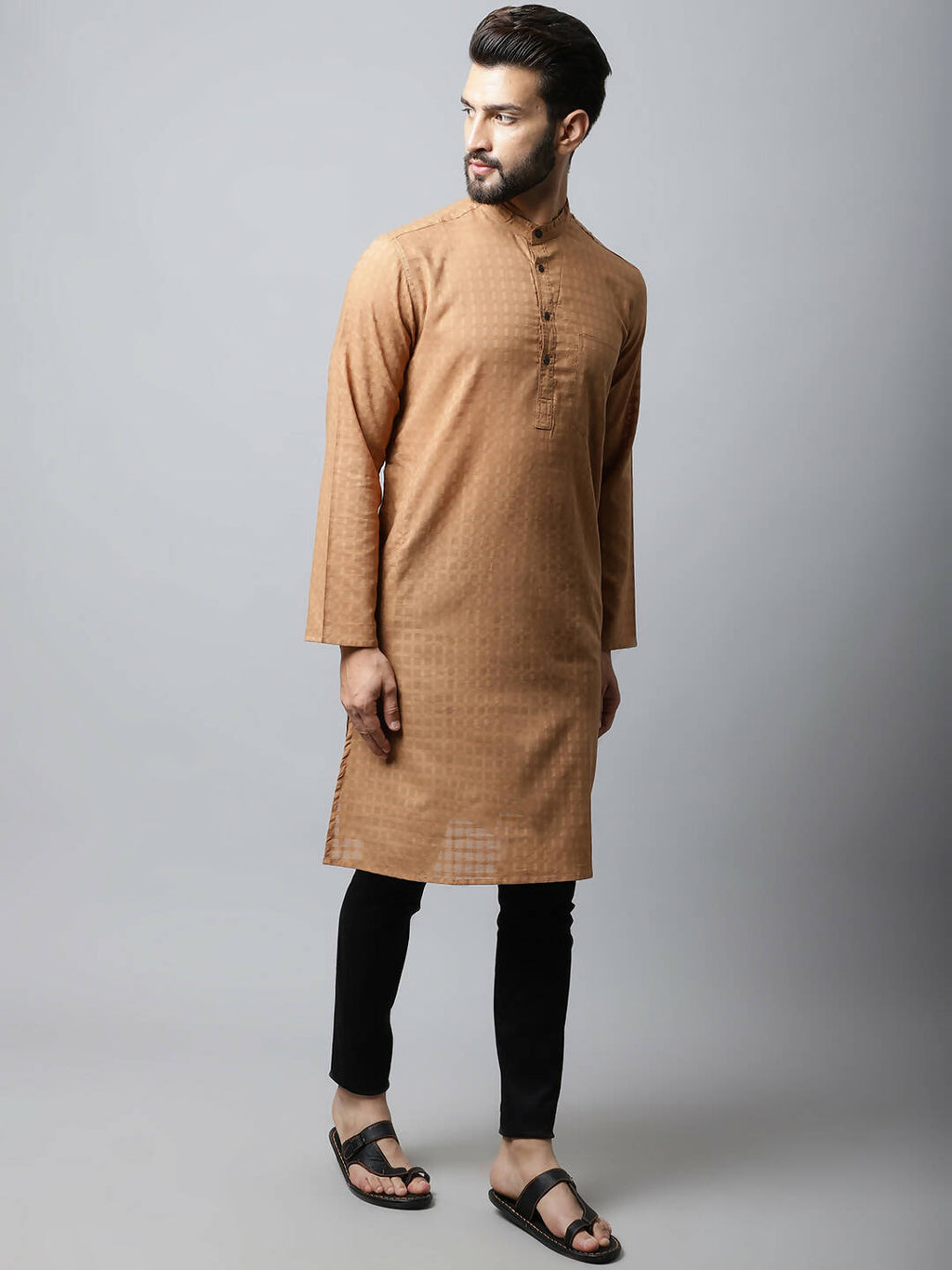 Even Apparels Brown Color Pure Cotton Men's Kurta With Band Collar (CHK1200) | Grocsy