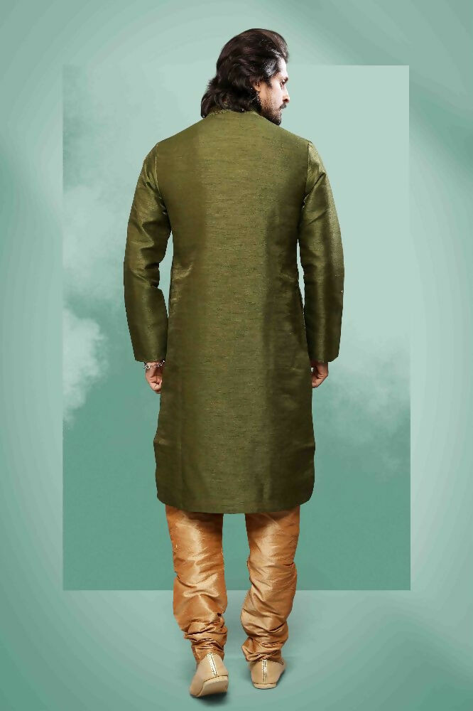 Raivat Ethnic Art Silk Mirror Embroidery Work Kurta Pajama In Green Colour | Grocsy
