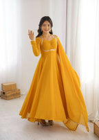 Teeya Creation Yellow Faux Georgette Designer Party Wear Long Gown | Grocsy
