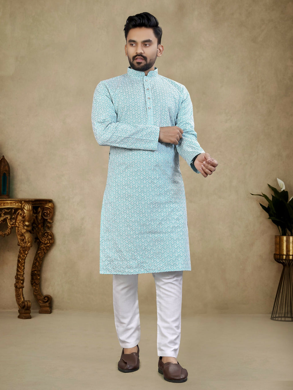 Anaita Light_Blue Lucknowi Work Silk Straight Kurta | Grocsy