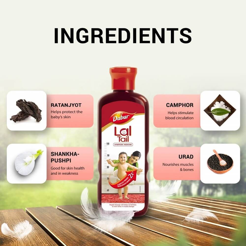 Dabur Lal Tail - Ayurvedic Baby Massage Oil For Baby's Bone, Muscle & Skin Health | Grocsy