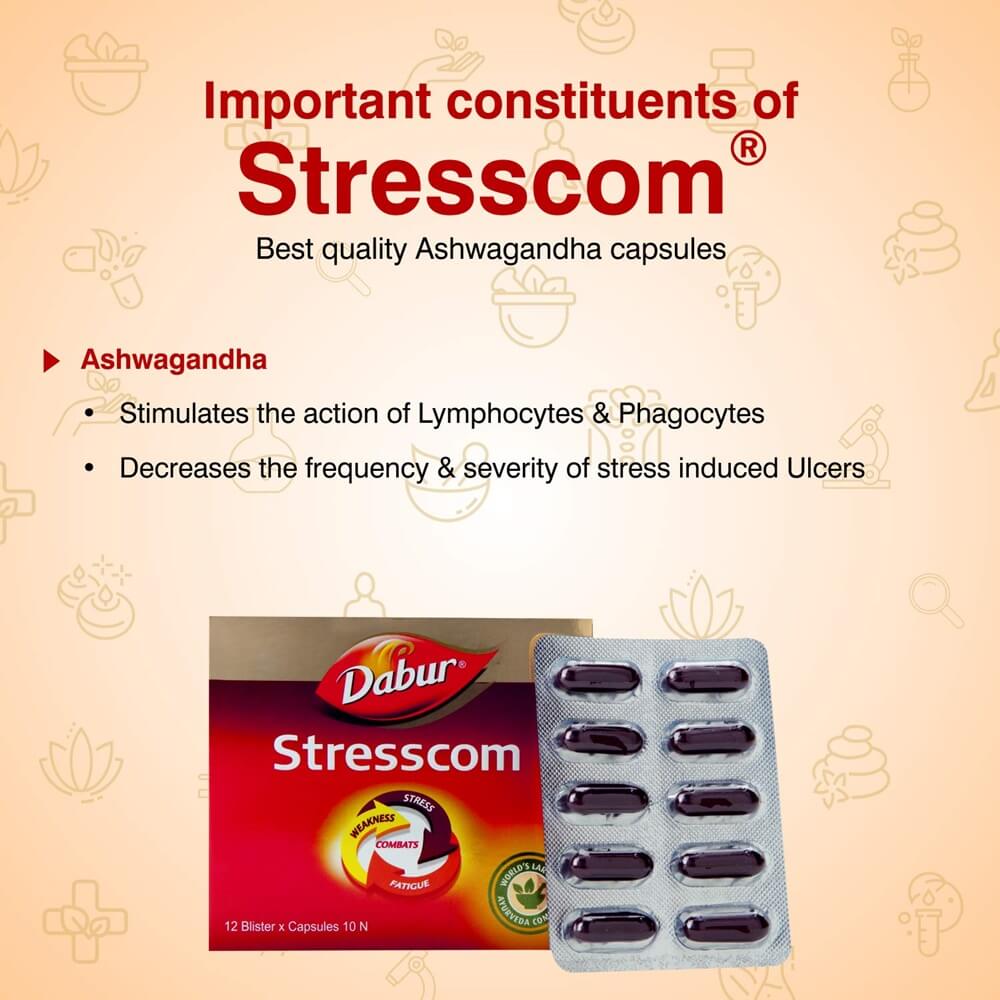 Dabur Stresscom Ashwagandha 12 Strips X 10 Capsules | Grocsy