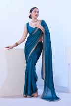 Firozi Satin Chiffon Solid Designer & Lace Work Saree - Samaa | Grocsy