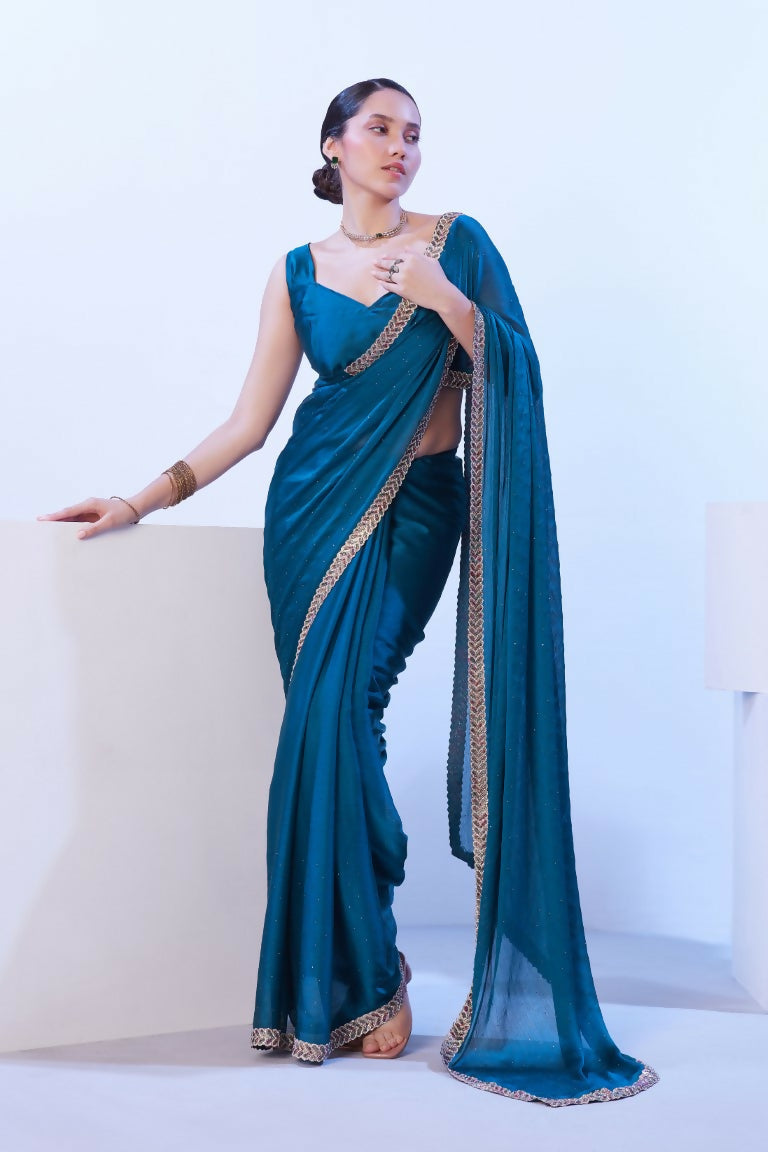Firozi Satin Chiffon Solid Designer & Lace Work Saree - Samaa | Grocsy