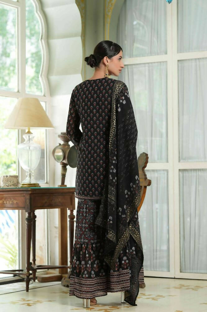 Juniper Black Georgette Festive Floral Print Straight Tunic-Sharara For Women | Grocsy