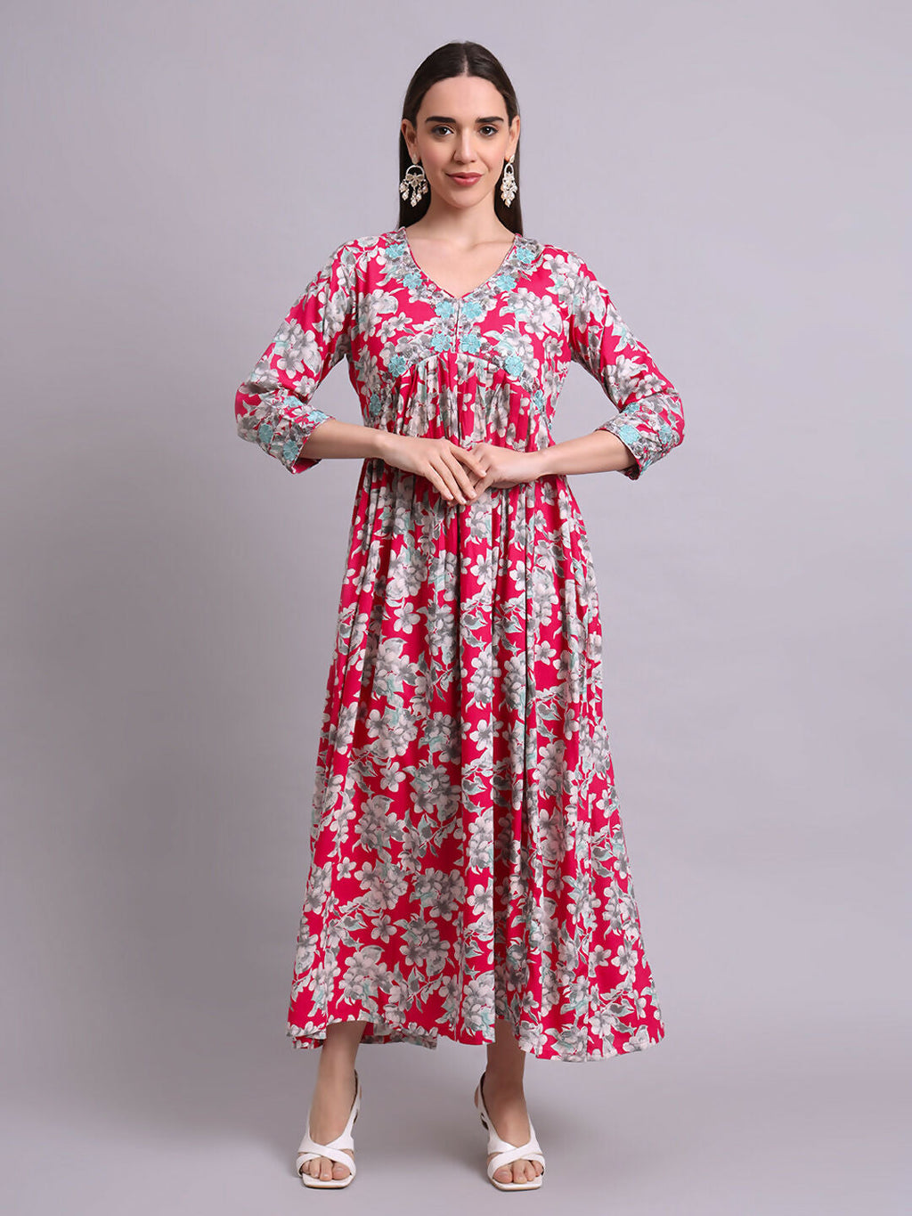 Joban Fashion Red Cotton Floral Printed & Embroidery Work Anarkali Dress With Dupatta Set | Grocsy