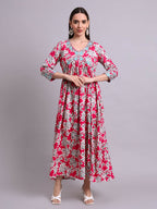 Joban Fashion Red Cotton Floral Printed & Embroidery Work Anarkali Dress With Dupatta Set | Grocsy