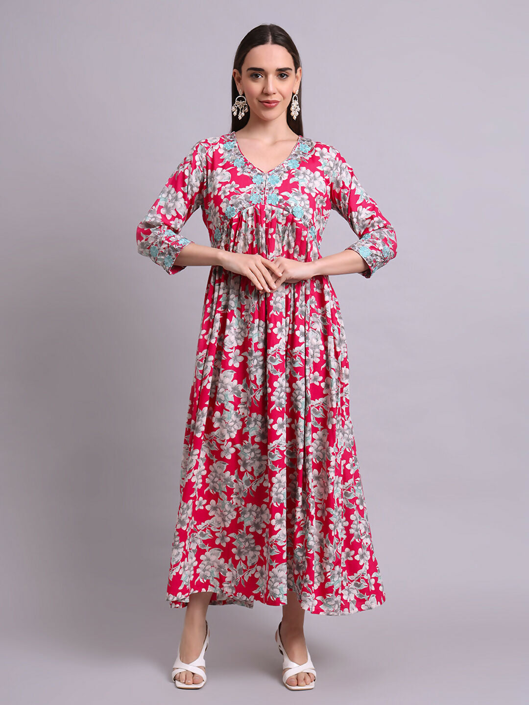 Joban Fashion Red Cotton Floral Printed & Embroidery Work Anarkali Dress With Dupatta Set | Grocsy