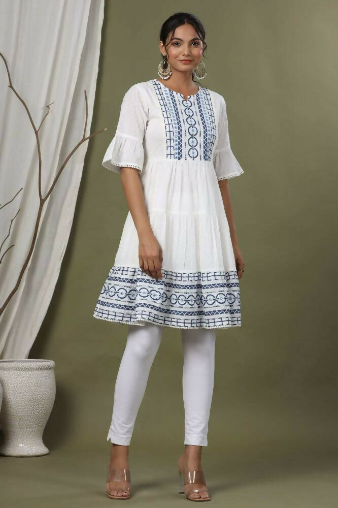 Juniper Sky Blue Cotton Dobby Festive Embroidered Tiered Dress For Women | Grocsy