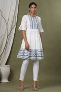 Juniper Sky Blue Cotton Dobby Festive Embroidered Tiered Dress For Women | Grocsy