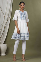Juniper Sky Blue Cotton Dobby Festive Embroidered Tiered Dress For Women | Grocsy