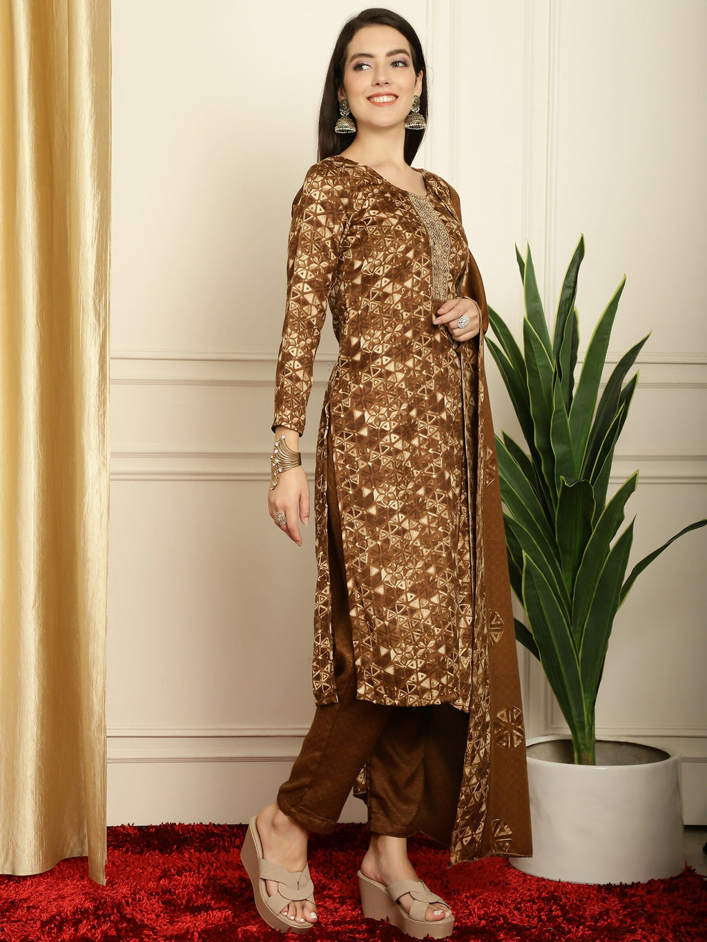 Jyoti Fashion Women's Brown Pashmina Floral Digital Printed Kurta with Trouser & Dupatta | Grocsy