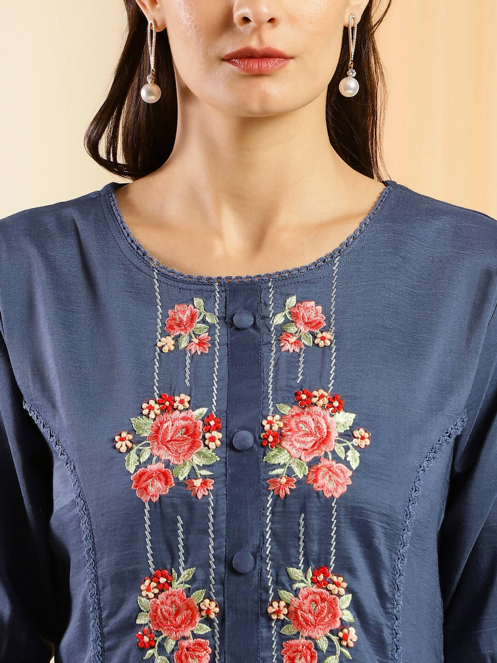 Navy Blue Chinon Embroidered Straight Kurta with Trouser & Dupatta - Salimar | Grocsy