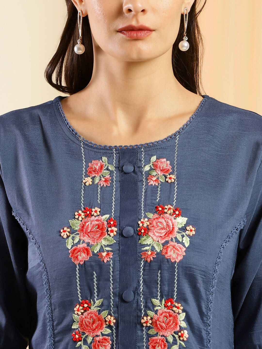 Navy Blue Chinon Embroidered Straight Kurta with Trouser & Dupatta - Salimar | Grocsy