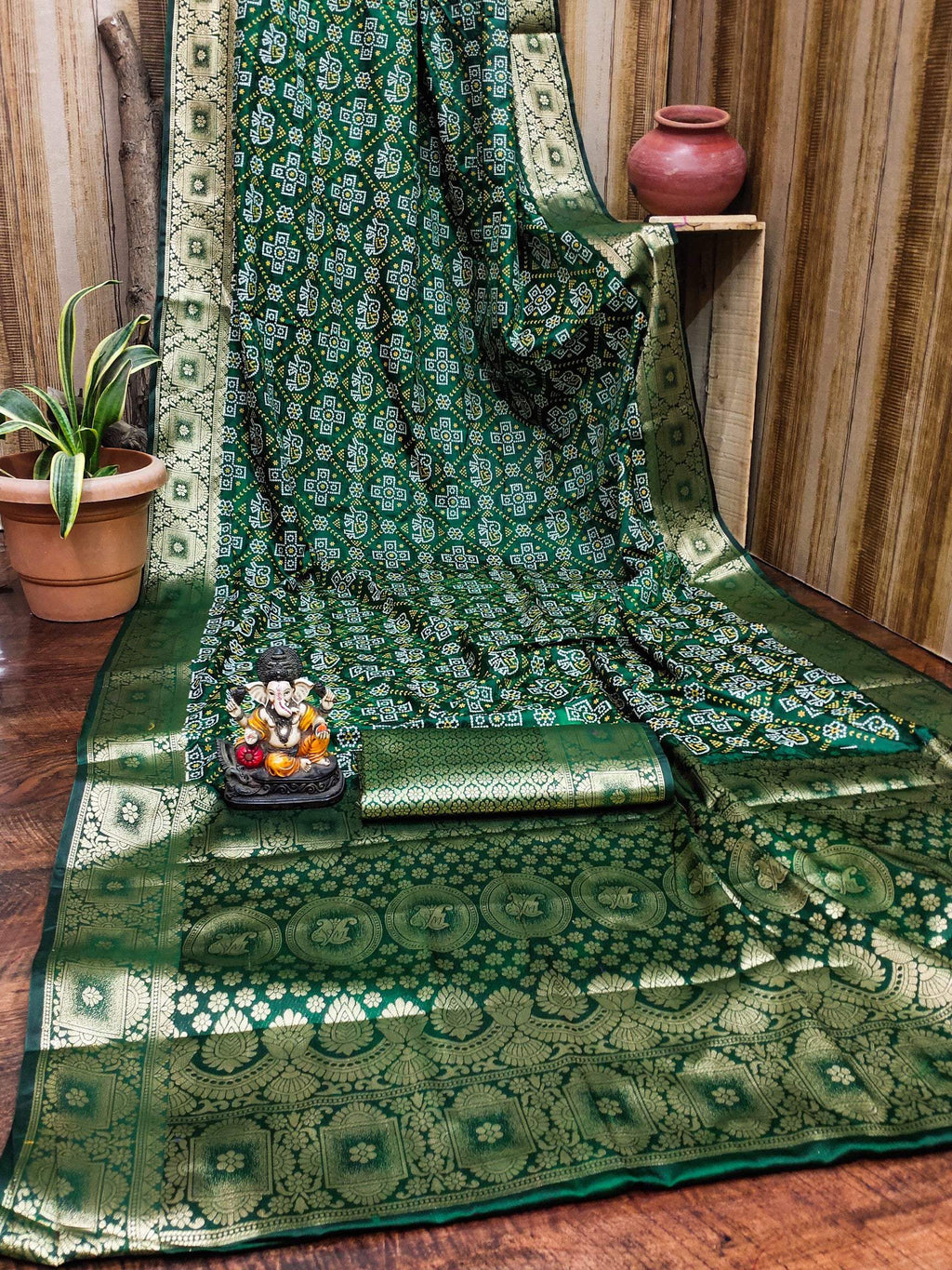 Anaita Dark Green Soft Satin Silk Bandhej Print Saree With Kanchi Zari Weaving Border | Grocsy
