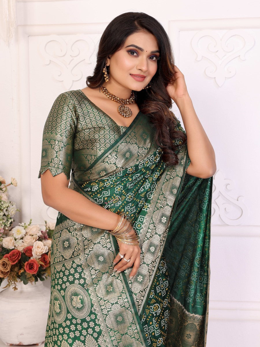 Anaita Dark Green Soft Satin Silk Bandhej Print Saree With Kanchi Zari Weaving Border | Grocsy
