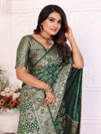 Anaita Dark Green Soft Satin Silk Bandhej Print Saree With Kanchi Zari Weaving Border | Grocsy