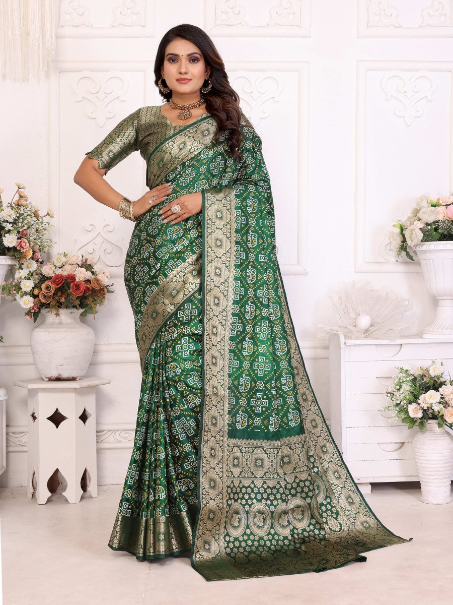 Anaita Dark Green Soft Satin Silk Bandhej Print Saree With Kanchi Zari Weaving Border | Grocsy