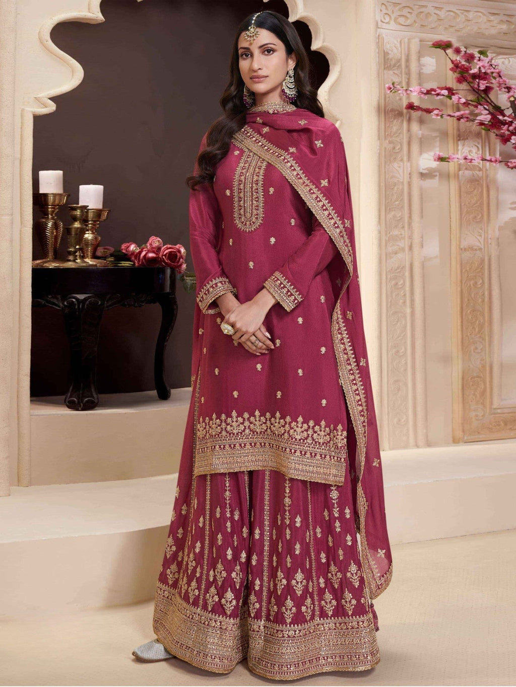 Anaita Dark Maroon Chinon Embroidered Salwar Suit | Grocsy