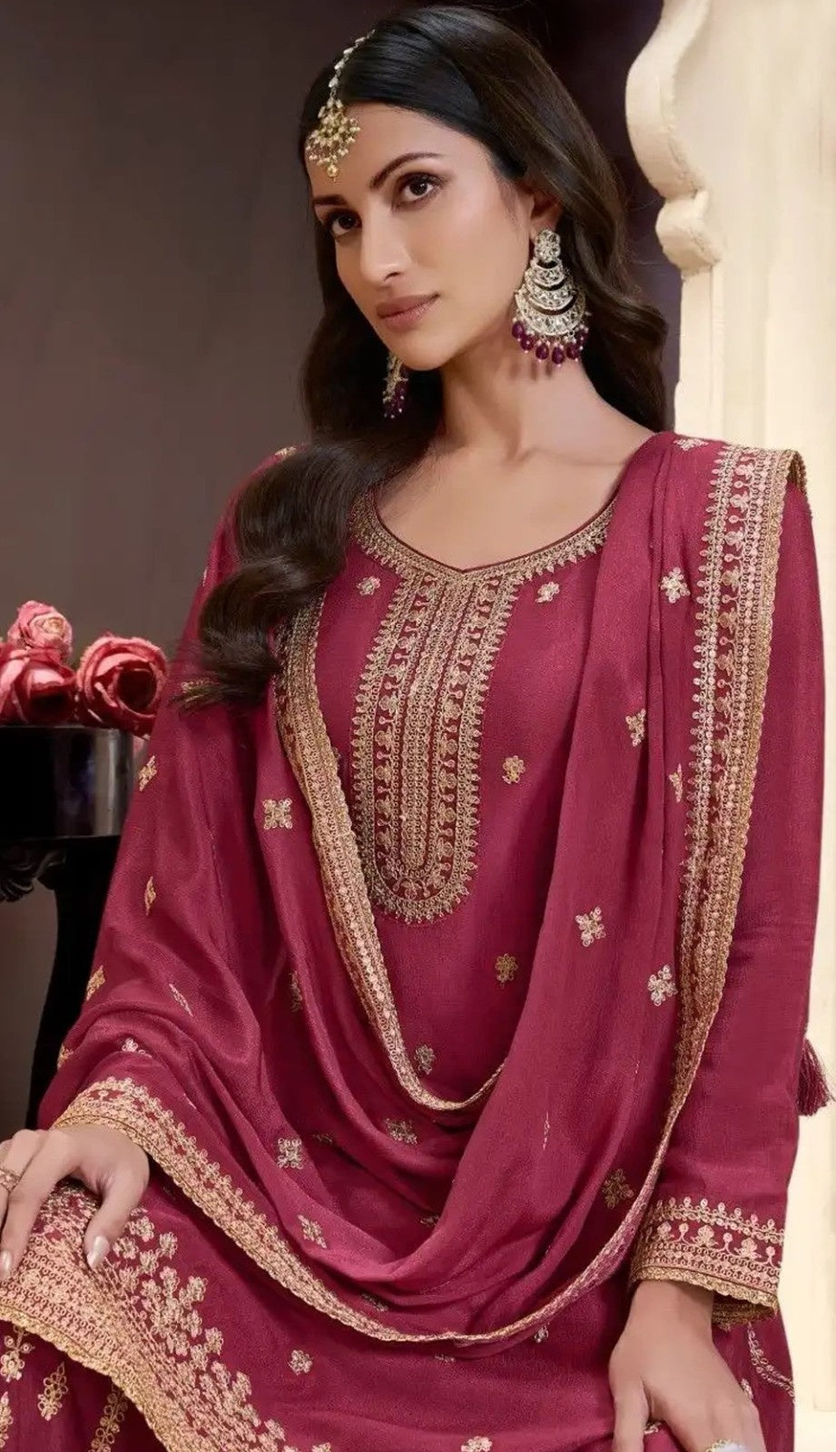 Anaita Dark Maroon Chinon Embroidered Salwar Suit | Grocsy