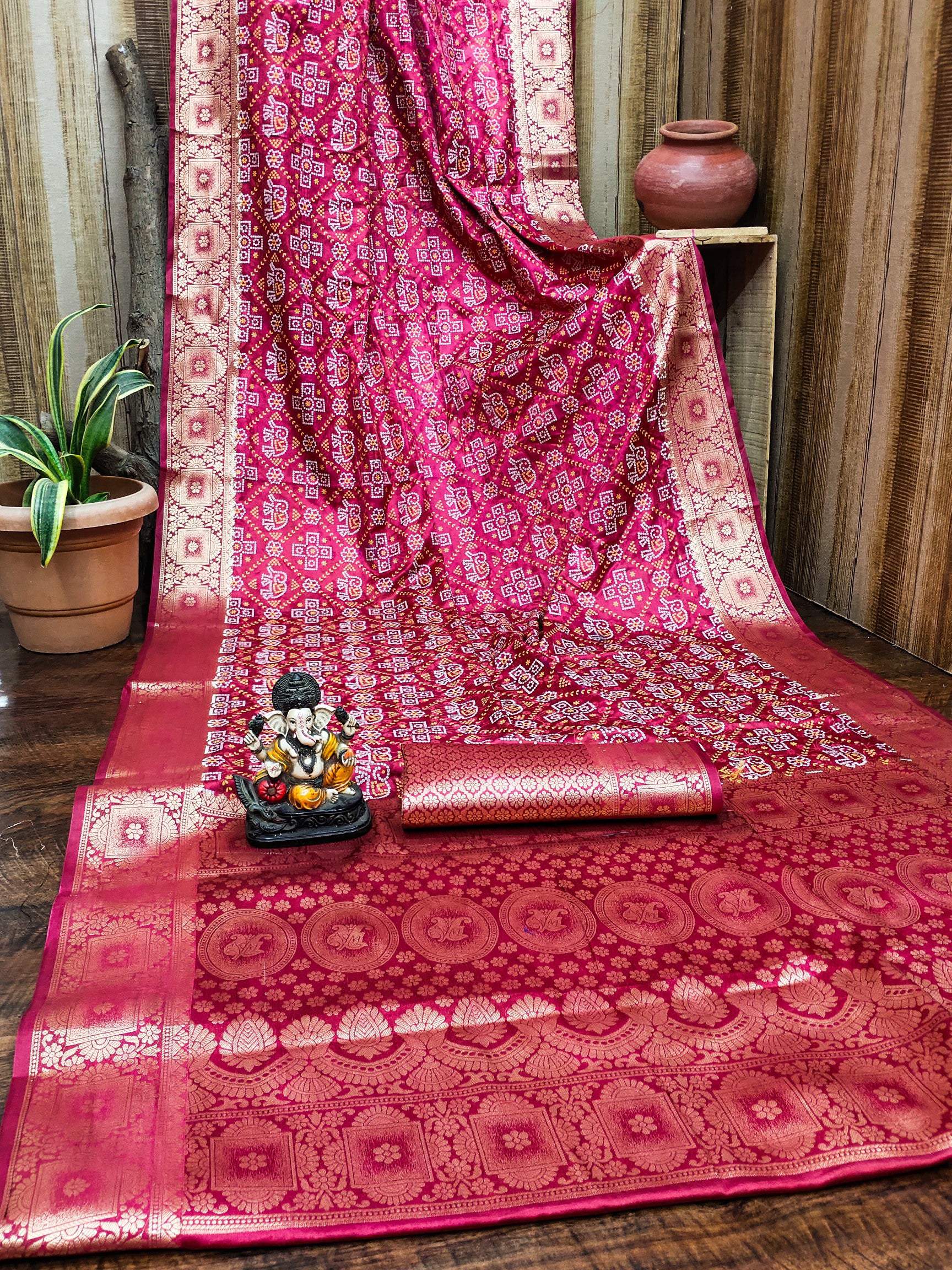 Anaita Dark Red Soft Satin Silk Bandhej Print Saree With Kanchi Zari Weaving Border | Grocsy
