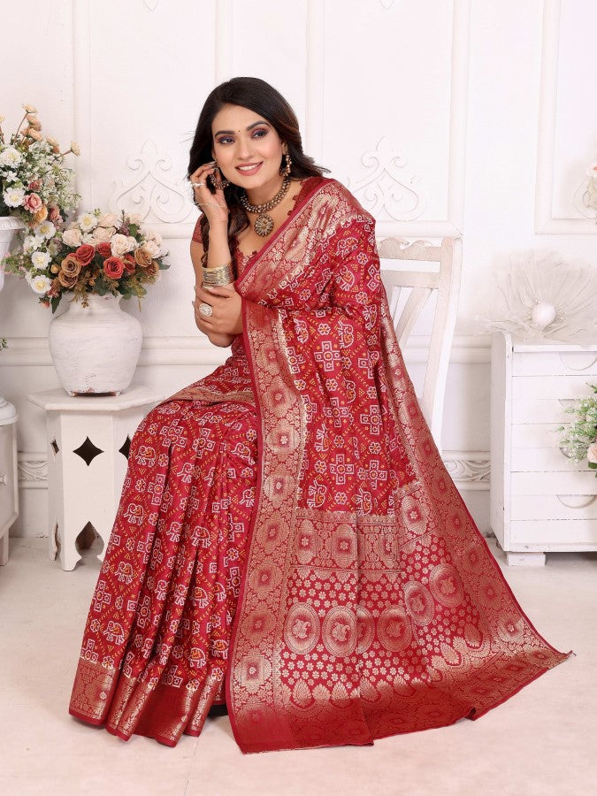 Anaita Dark Red Soft Satin Silk Bandhej Print Saree With Kanchi Zari Weaving Border | Grocsy