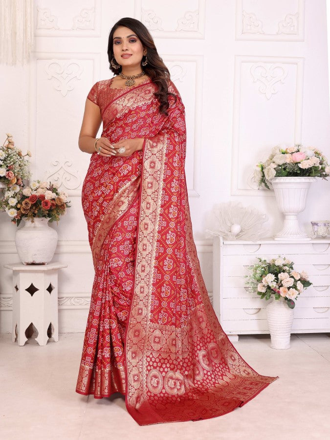 Anaita Dark Red Soft Satin Silk Bandhej Print Saree With Kanchi Zari Weaving Border | Grocsy