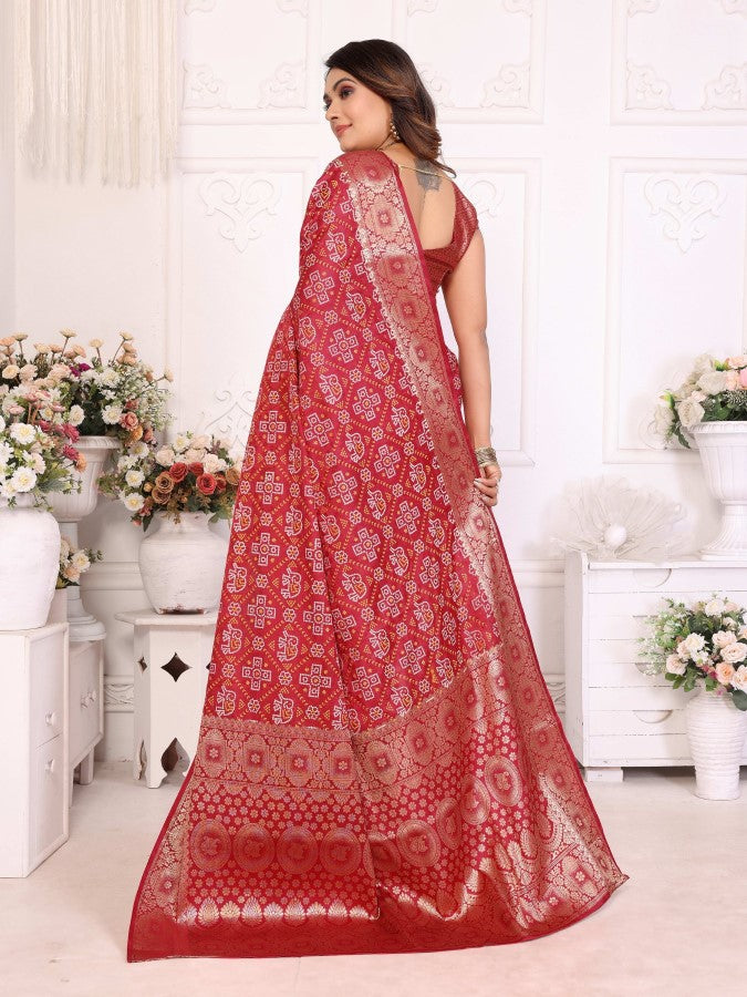 Anaita Dark Red Soft Satin Silk Bandhej Print Saree With Kanchi Zari Weaving Border | Grocsy