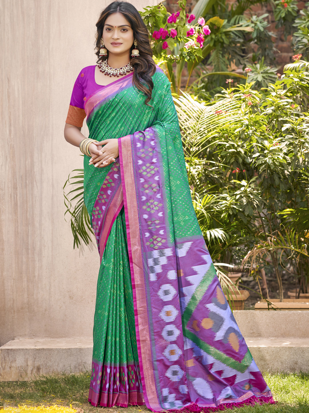 Anaita D Green Pochampally Silk Saree With Floral Printed Work With Blouse | Grocsy