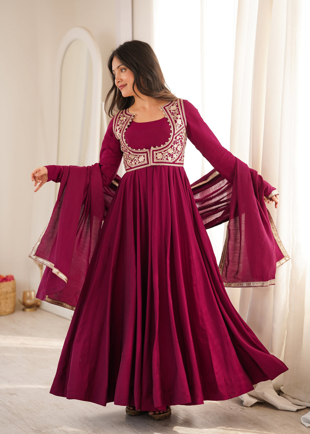 Lorenvalley Fashion Dark Rani Pink Roman Chanderi Silk 16 Kali Anarkali Gown with Jacket Pants with Dupatta | Grocsy