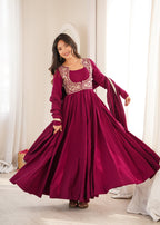 Lorenvalley Fashion Dark Rani Pink Roman Chanderi Silk 16 Kali Anarkali Gown with Jacket Pants with Dupatta | Grocsy